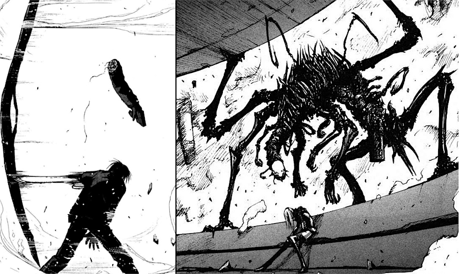Killy losing his arm and Cibo attacked by a cyborg creature