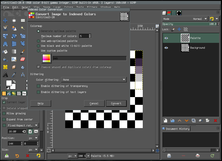 Setting up indexed color in GIMP