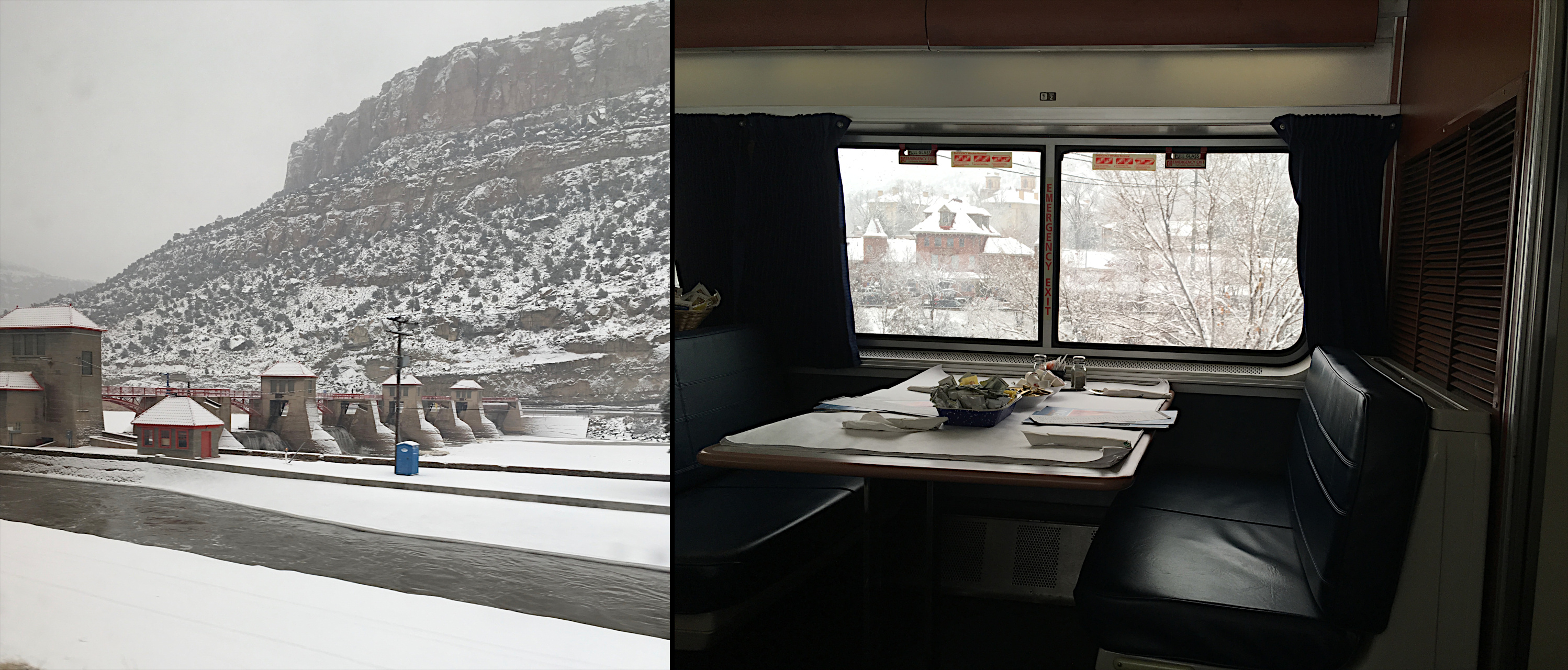 Town with a hydroelectric power station (left) and Amtrak dining car (right)