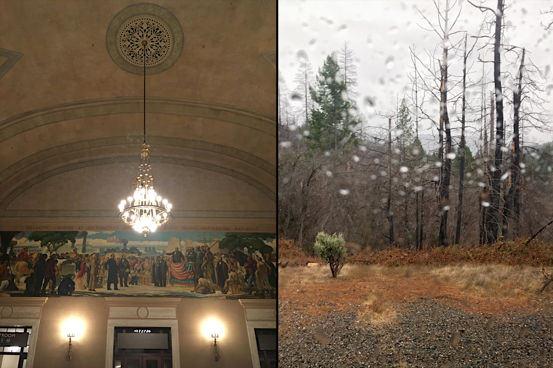 Sacramento Valley Station interior and burned forest.
